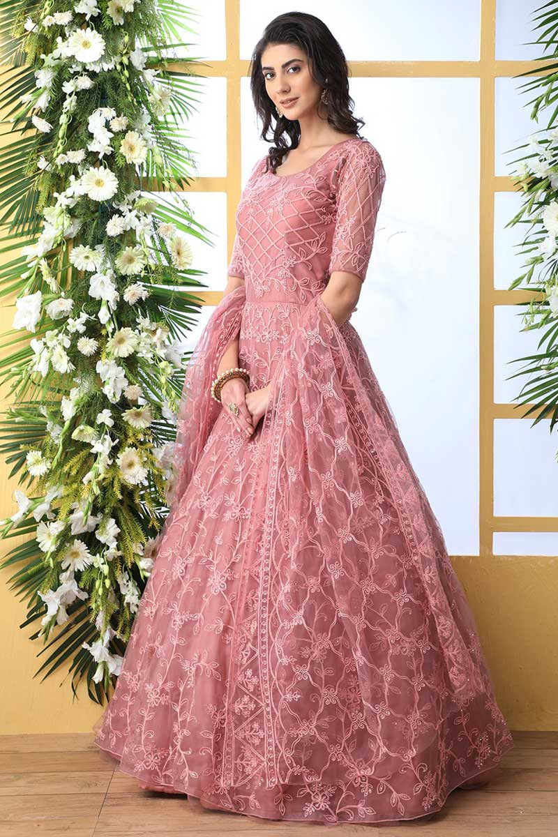 Buy Dusty Pink Net Anarkali Suit With Dori Work Online - LSTV04214 ...