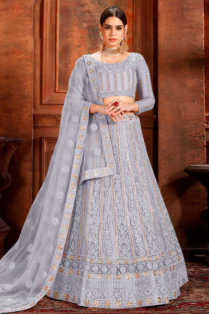 Clothing Womens Clothing Pastel Blue Net Lehenga Choli With Heavy Multi Embroidery Work And Sequence Work & Net  Heavy Dupatta Net Heavy Lehenga Choli For Women 