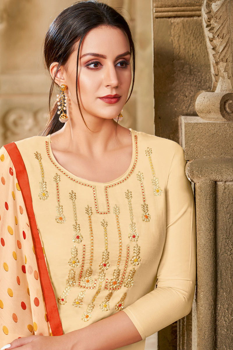 Churidar Suit in Light Beige Embroidered Fabric LSTV08735