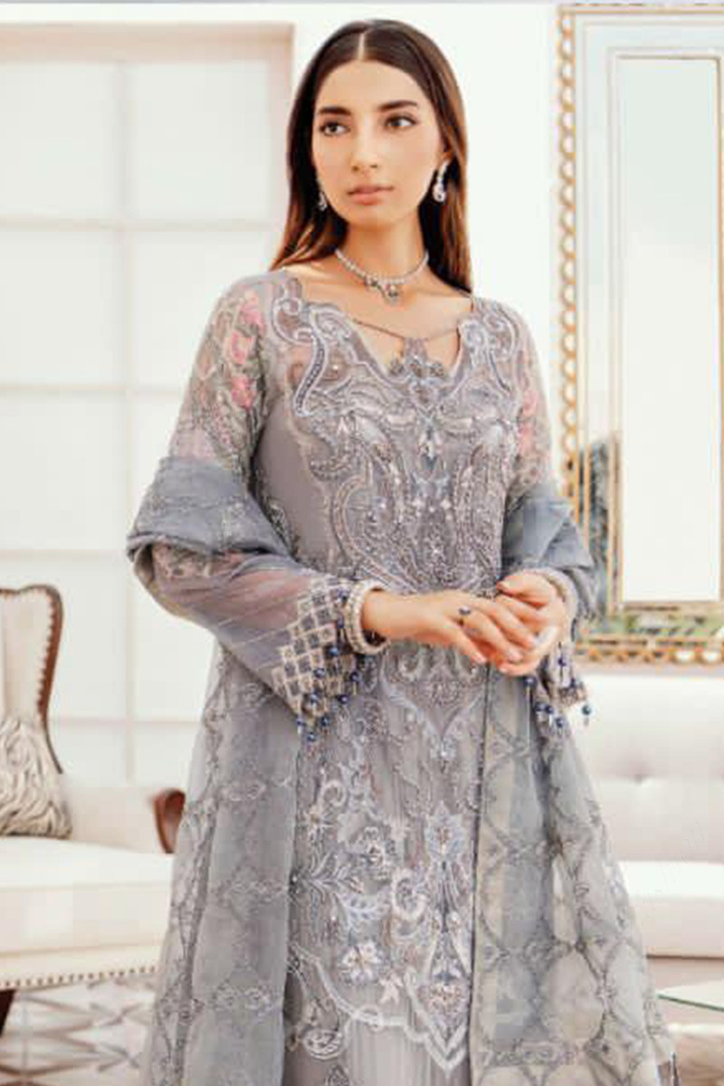 Thread Work Embroidered Light Grey Trouser Suit LSTV09748