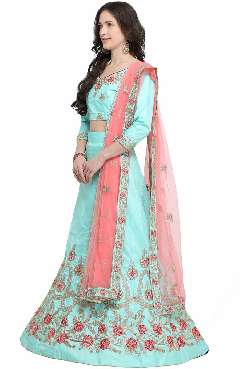 neon light blue silk lehenga with silk choli 2 llcv00706