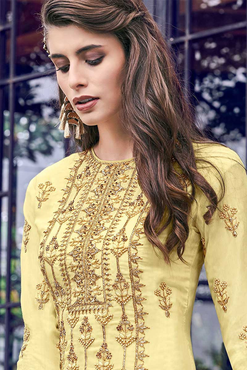 Buy Pale Yellow Silk Sharara Suit With Beads Work Online - LSTV04373 |  Andaaz Fashion