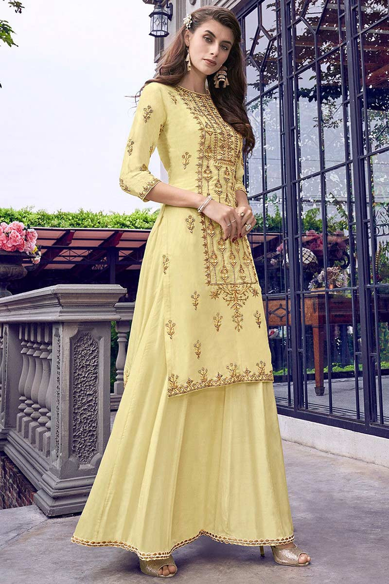Buy Pale Yellow Silk Sharara Suit With Beads Work Online - LSTV04373 ...