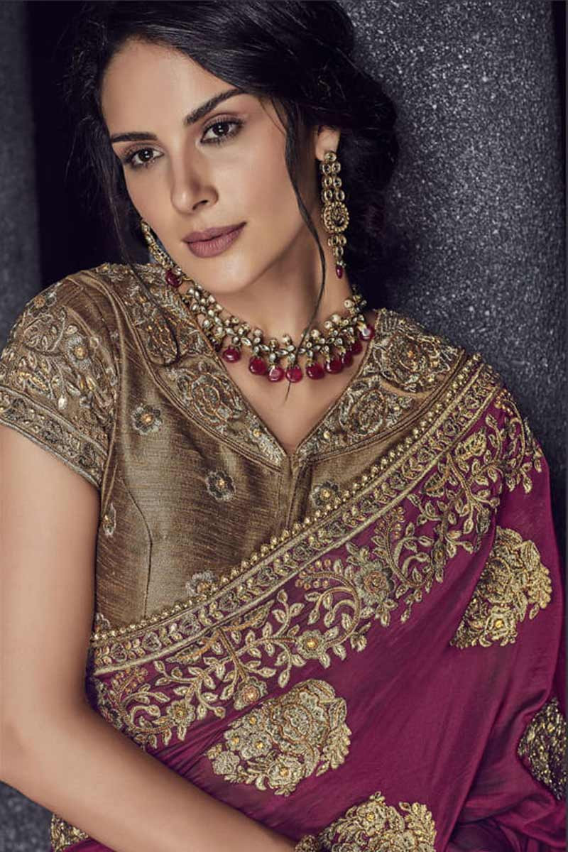 Lehenga saree online, Purple silk sarees, v neck