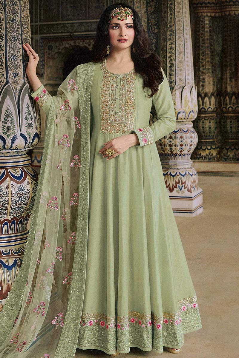 Buy Raw Silk Wedding Wear Eid Anarkali Suit In Pistachio Green Color ...