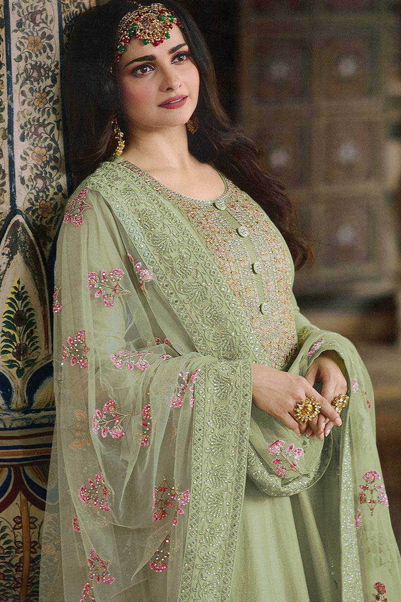 Buy Raw Silk Wedding Wear Eid Anarkali Suit In Pistachio Green Color ...
