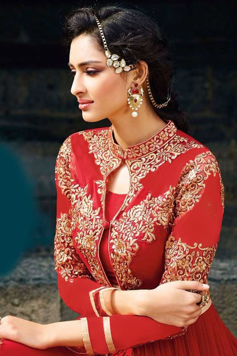 Buy Pure Red Georgette Trail Cut Anarkali Suit With Cigarette Pant Online  -DMV13914 Red