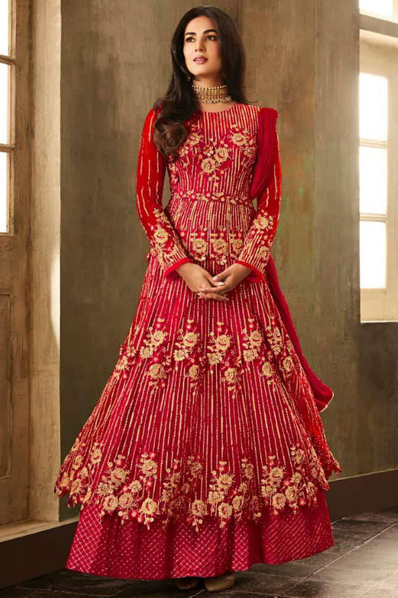 Buy Red Wedding Anarkali Suit With Zari Work