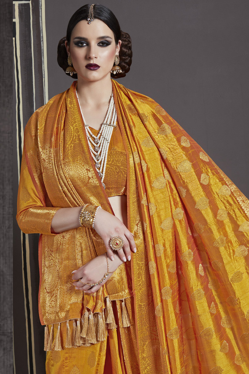 Online Wedding Yellow Silk Diwali Sarees U Neck