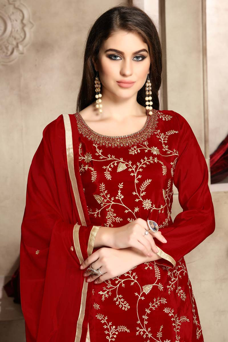 Buy Silk Deep Red Palazzo Pant Suit With Zari Work Online - LSTV03881 ...