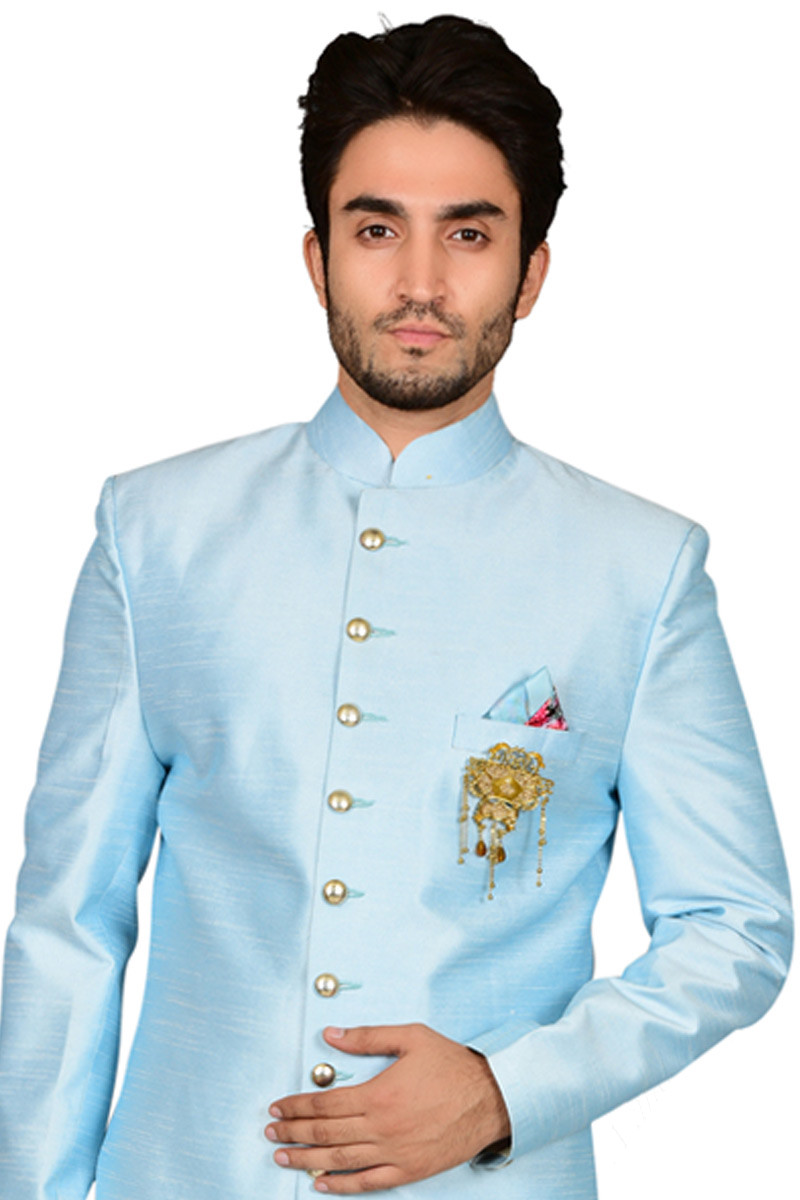 Buy Sky Blue Raw Silk Sherwani For Men Online - MSTV00158-Sky Blue