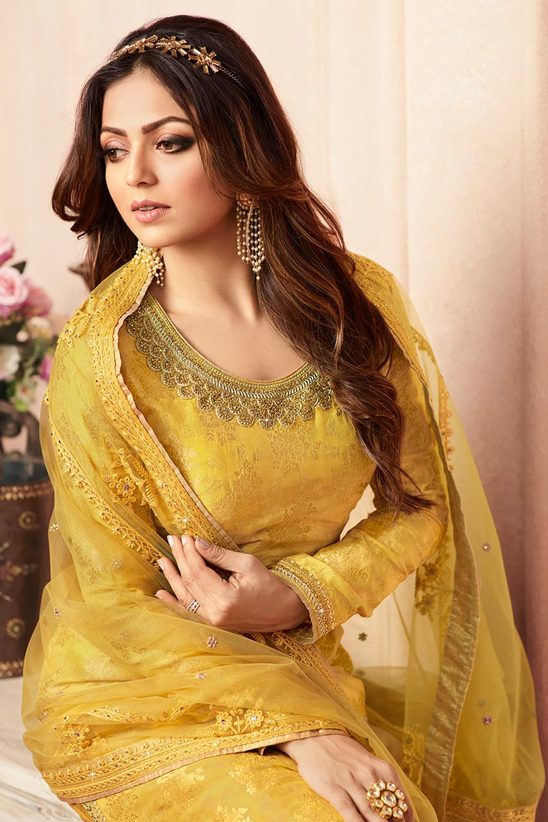 Buy Turmeric Yellow Jacquard Silk Sharara Suit With Zari Work Online -  LSTV05450 | Andaaz Fashion