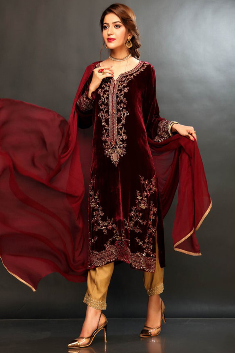Buy Asian Prom Velvet Maroon Trouser Suit LSTV114379