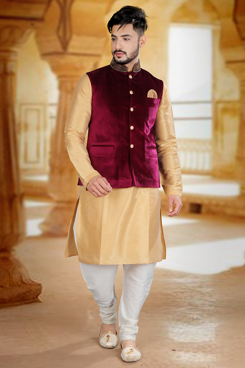 Art Silk Dark Beige Men Kurta with Waist Coat MKPA03898