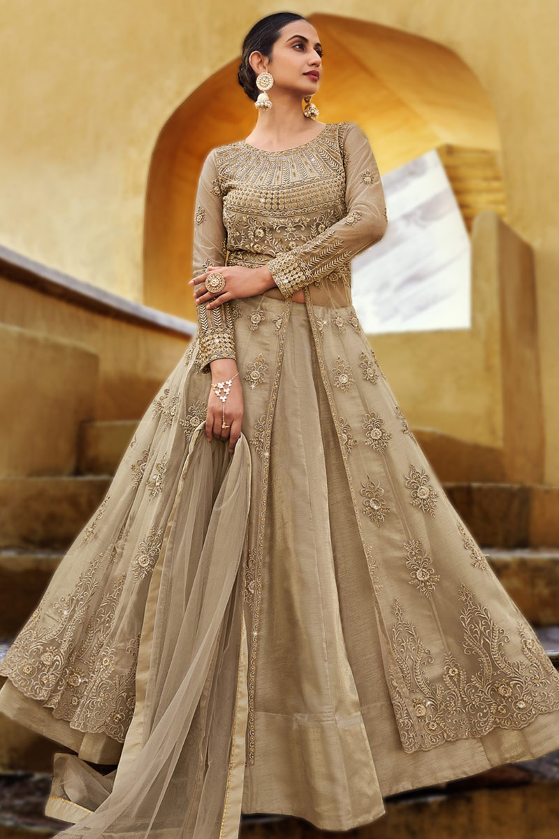 Dark Beige Bangalori Silk Party Wear Lehenga
