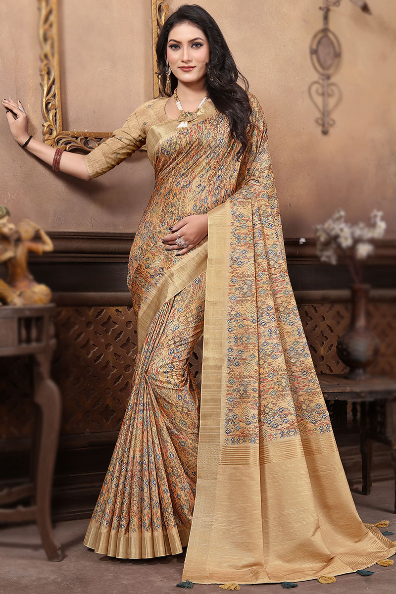 Georgette Party Wear Saree in Beige and Brown with Thread orders work