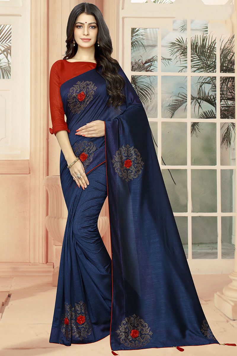 Buy Sky Blue and Navy Blue Silk Saree With Banglori Silk Blouse Online -  SARV01566 | Andaaz Fashion