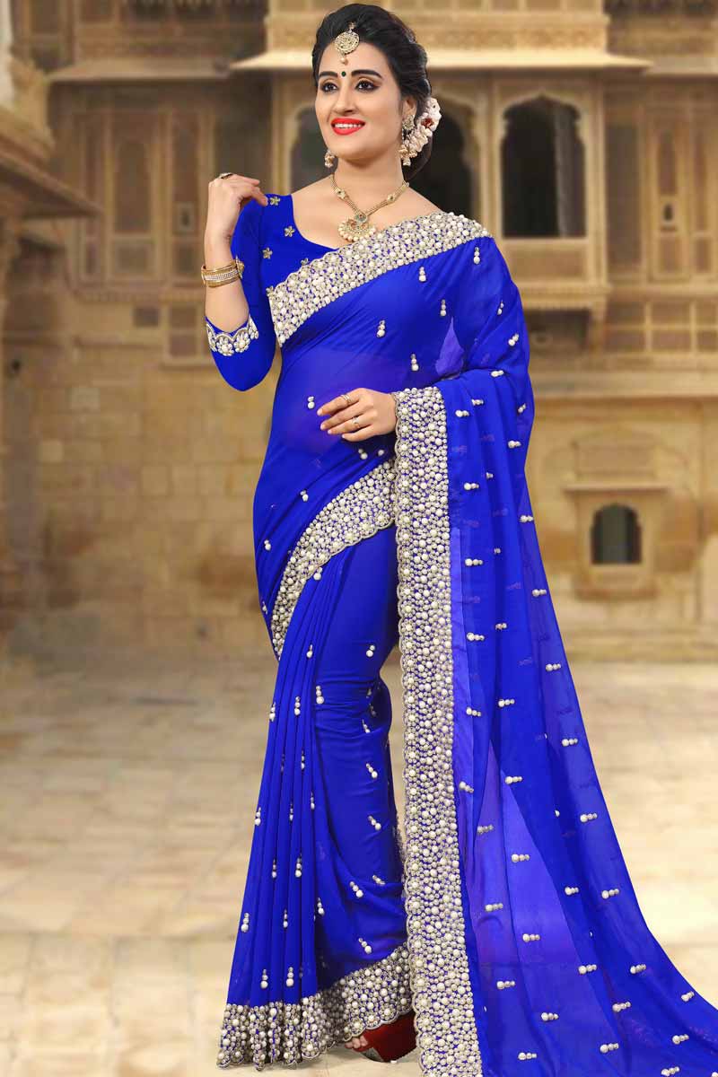 Semi georgette sarees for women , Blue party wear saree , Georgette saree with blouse , high quality FREE SHIPPING