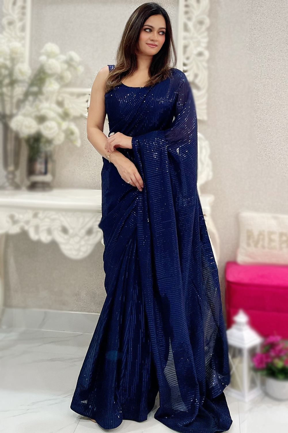 Dark Blue Sequins Embroidered Lightweight Georgette Saree SARV182960