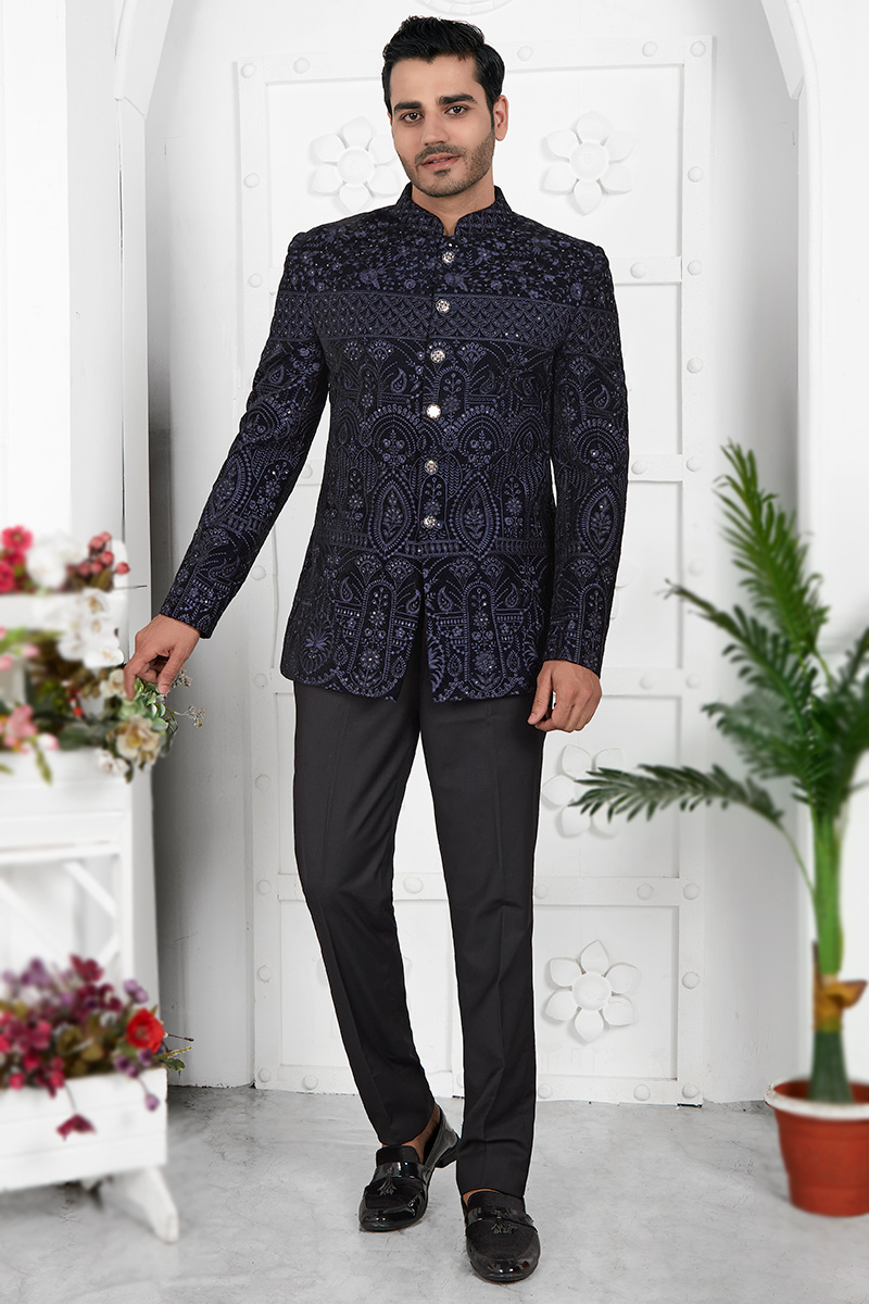 Indian Royal Designer authentic Blue Wedding Indo Western Blazer Coat Jodhpuri Achkan Suit Shewani for men Traditional Ethnic Partywear Outfit Dress