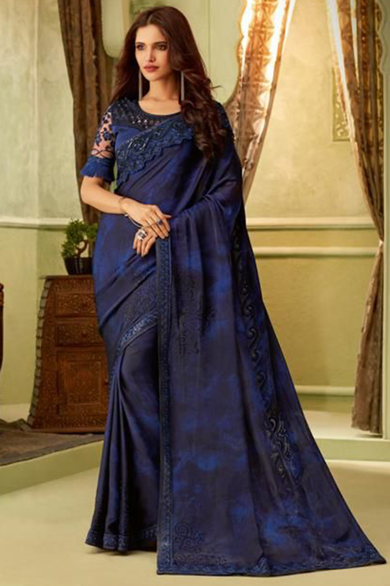 Sale Dark Blue Silk Embroidered Saree SARV123152