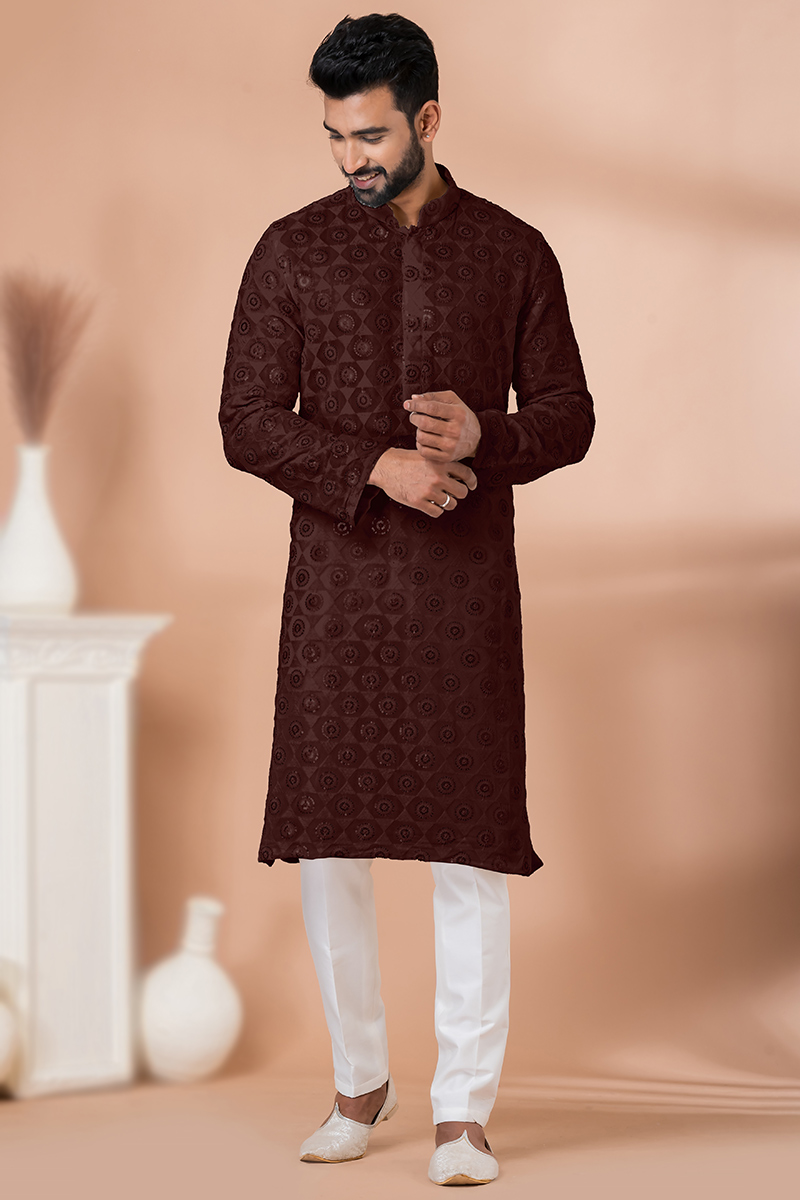 Dark Brown Embroidered Georgette Men's Kurta Pajama