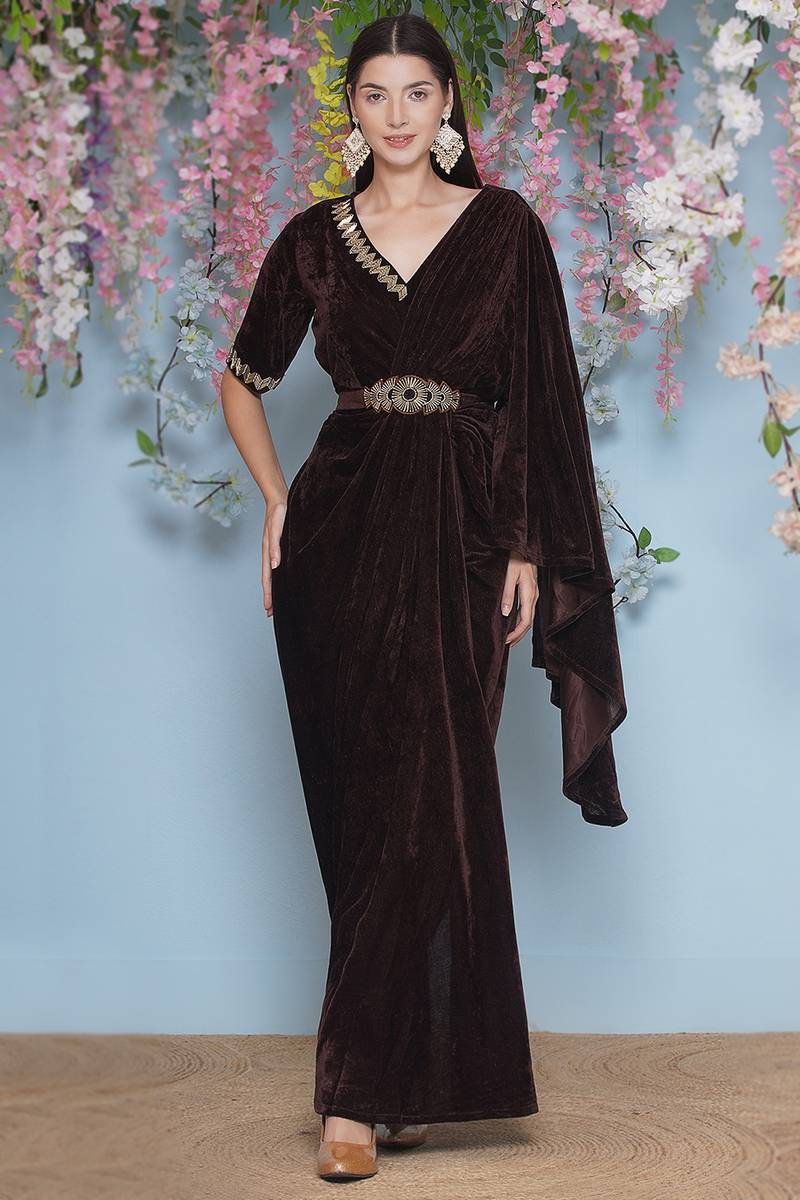 dark brown western dress Andaaz Fashion Women's Indo-Western Festival Wear Gown in Velvet Dolce & Gabbana - boho black dress relaxed but flattering * Size:Y/8/9 chocolate brown dress