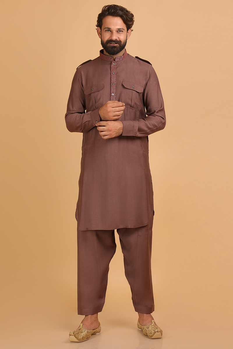 Dark Brown Pathani Men s Kurta Salwar With Embroidered Collar MKPA04800