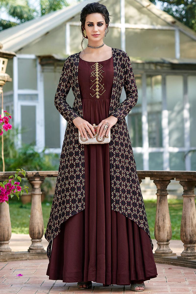 Dark Brown Rayon Party Wear Gown With Jacket