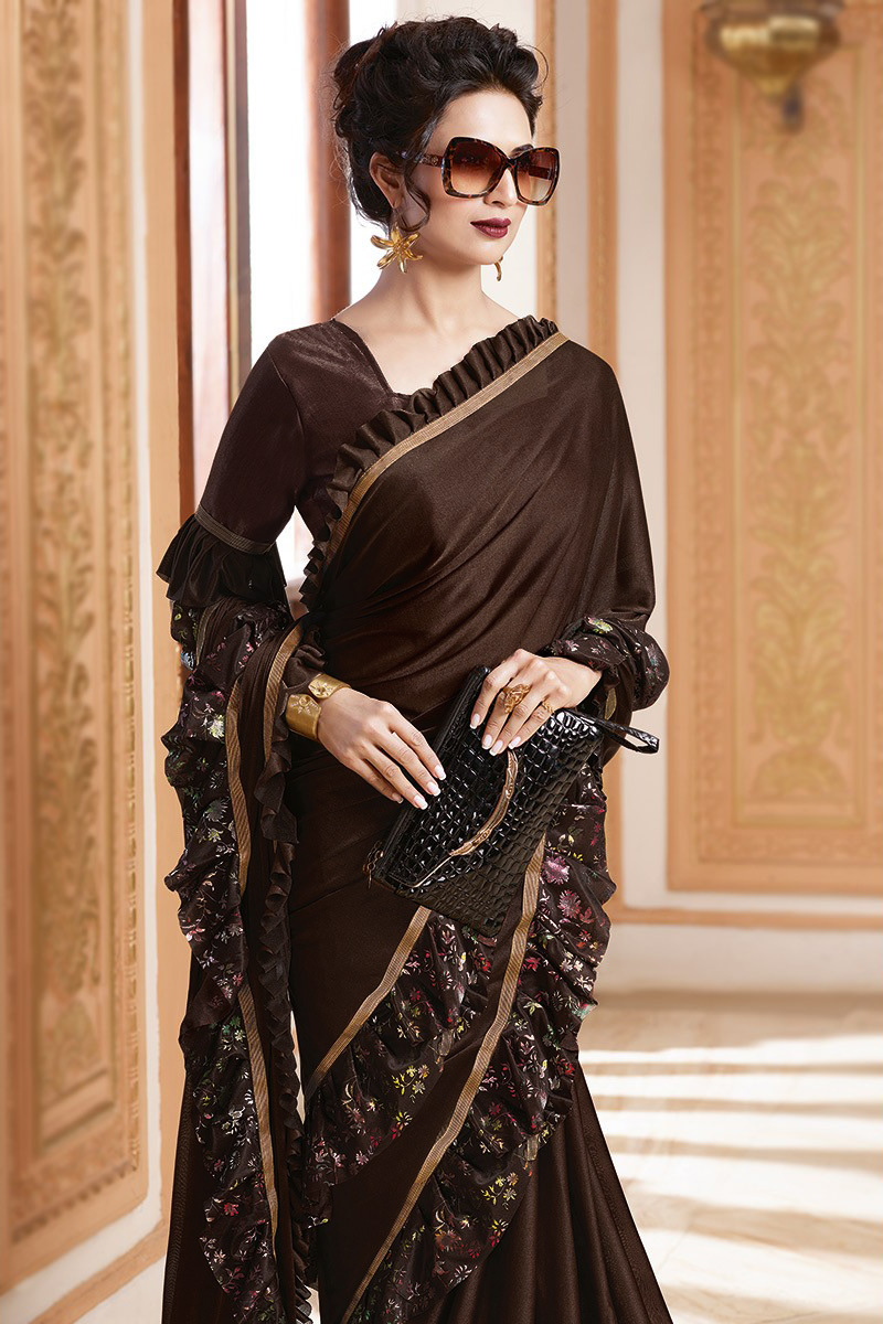 New Arrival Indian Dark Brown Satin Ruffle Saree SARV150878