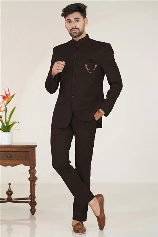 Dark Brown Silk Plain Jodhpuri Style Men's Coat Pant MSTV03988