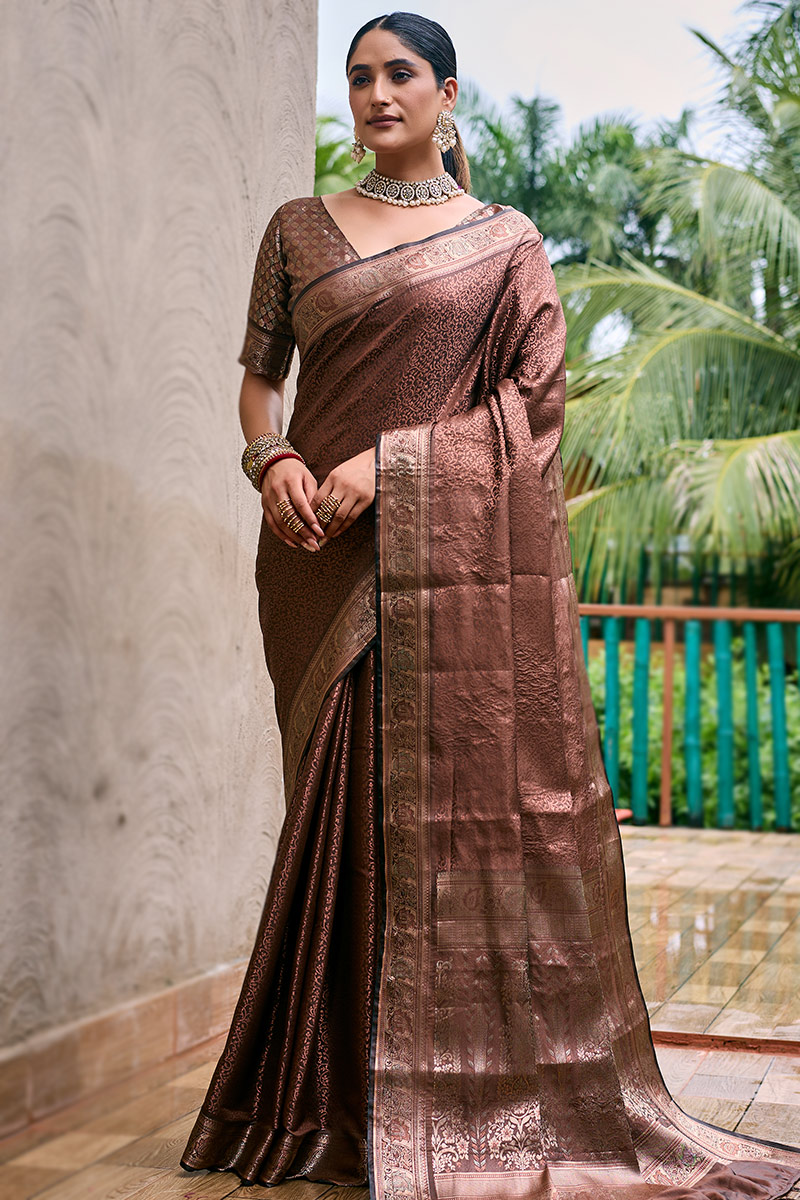 Dark Brown Silk Woven Zari Kanchipuram Wedding Wear Saree SARV179521