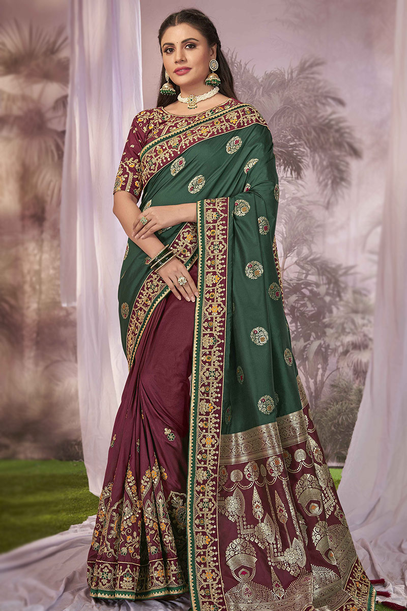 Dark Green And Burgundy Maroon Weaved Zari Half And Half Silk Saree  SARV177942
