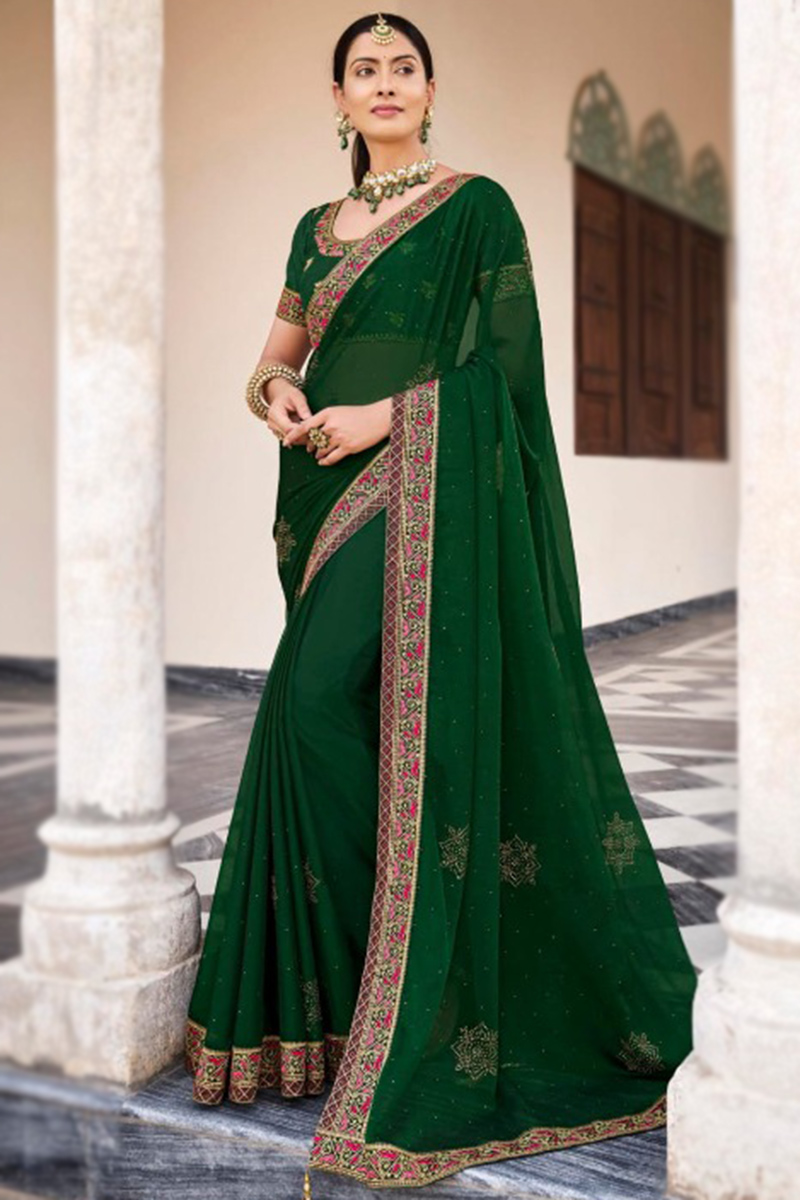 Party Wear Stone Embroidered Dark Green Saree in Chiffon