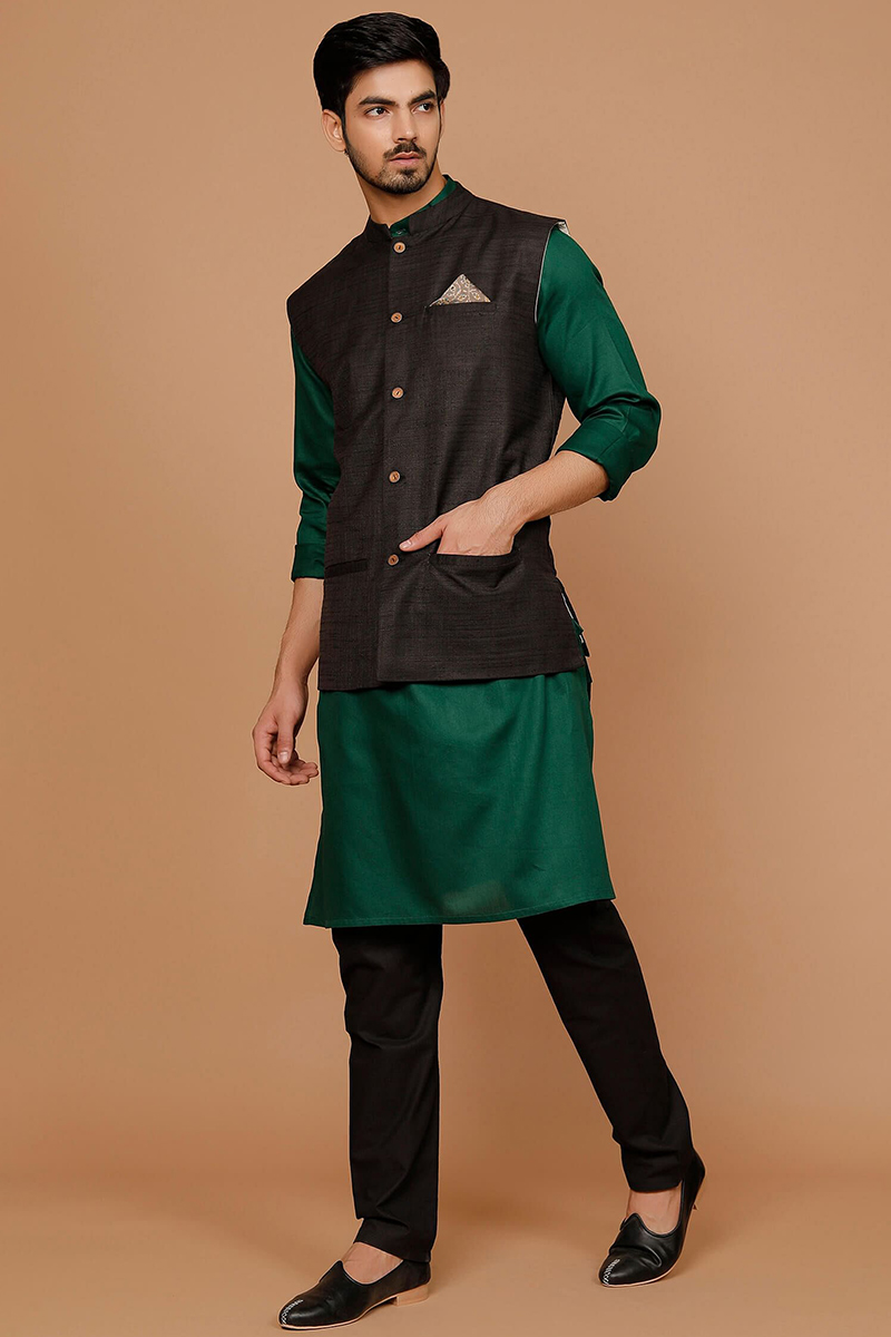 Dark green kurta pajama with jacket sale