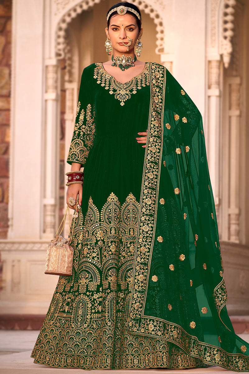 Dark Green Embroidered Festival Wear Velvet Anarkali Suit