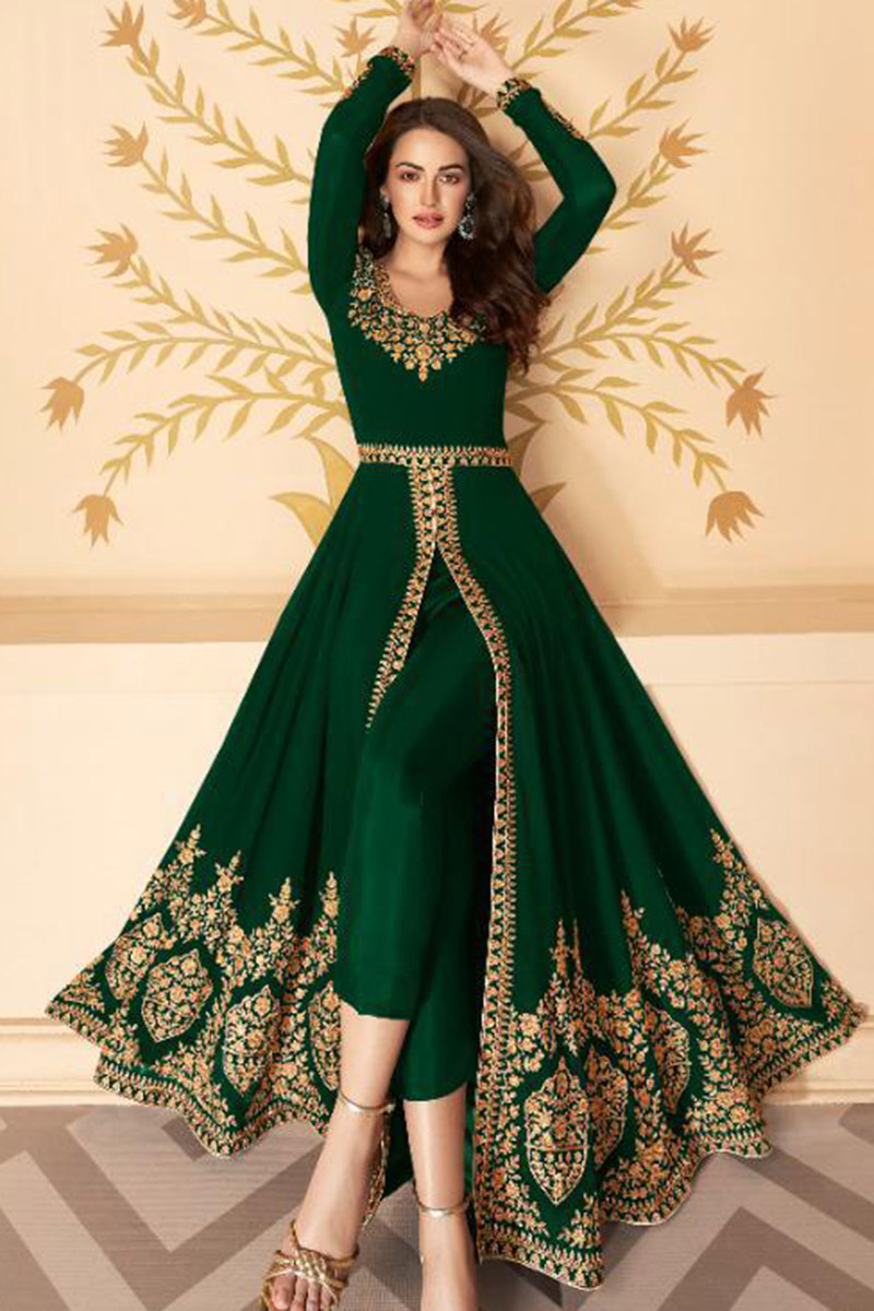 Buy Festival Dark Green Georgette Anarkali Gown Trouser Suit For