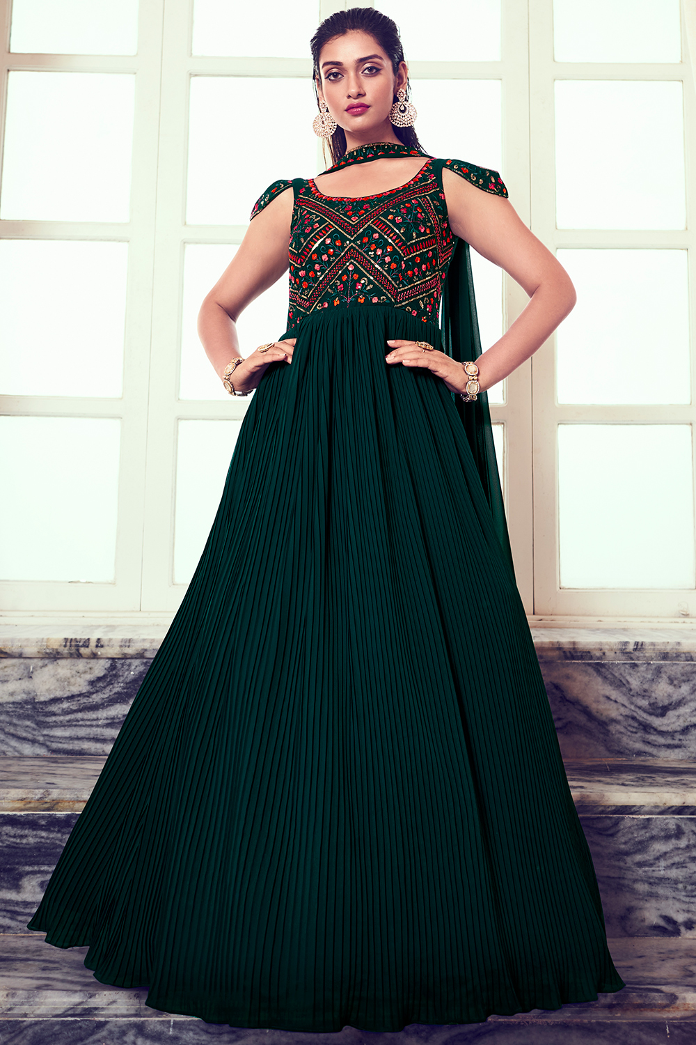 Dark Green Georgette Embroidered A Line Gown LSTV135794 Dark Green Georgette Embroidered A Line Gown LSTV135794