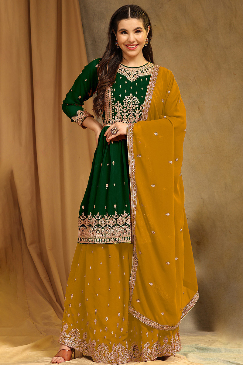 Female Yellow Combination Sharara Suit Mustard And Green Dress Yellow Green Georgette Embroidered Sharara Suit With Real Mirror Work Female Yellow Combination Sharara Suit Mustard And Green Dress Yellow Green Georgette Embroidered Sharara Suit With Real Mirror Work