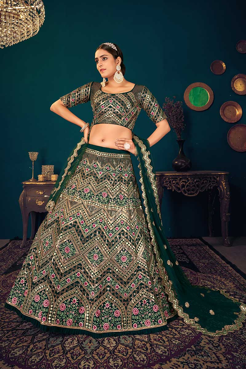 Buy Dresses for Prom Georgette Dark Green Designer Wedding Lehenga LLCV09653