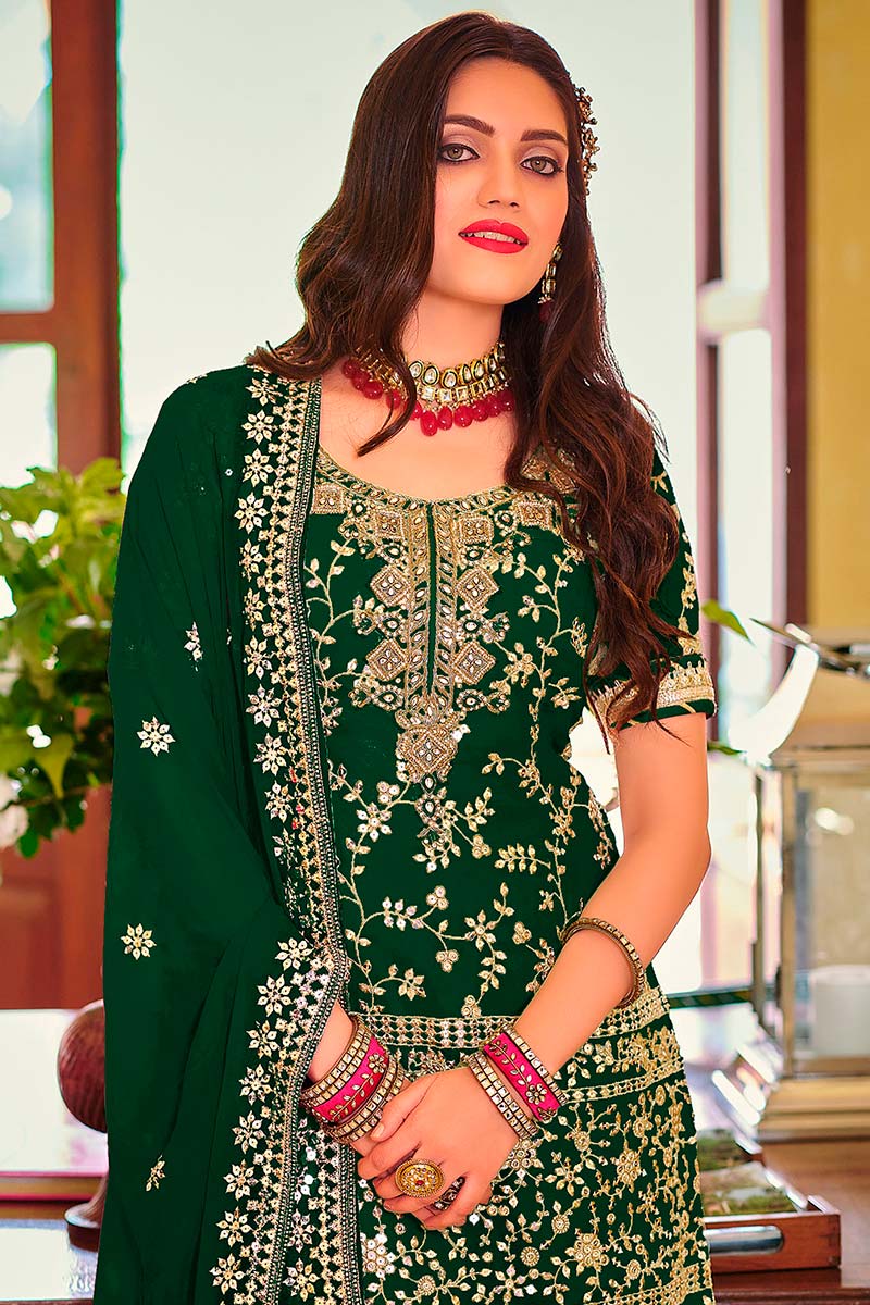 Beautiful Dark Green Georgette Embroidered Sharara Suit LSTV117684 Beautiful Dark Green Georgette Embroidered Sharara Suit LSTV117684
