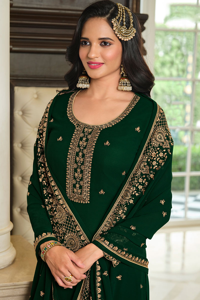 Plus Size Dresses Dark Green Embroidered Sharara Suit LSTV121437