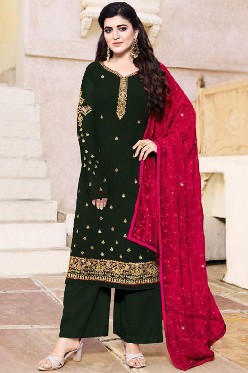 Affordable Dark Green Palazzo Suit with Resham Embroidery LSTV116852