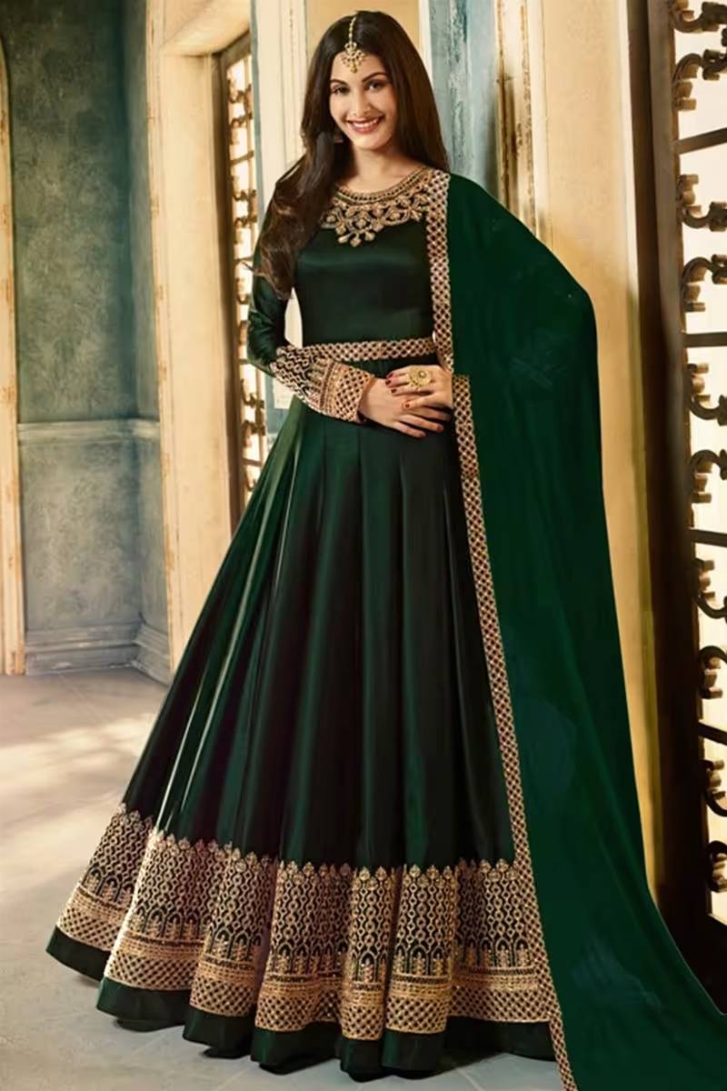 Buy Dark Green Silk Embroidered Eid Special Anarkali SuitOnline - LSTV04156