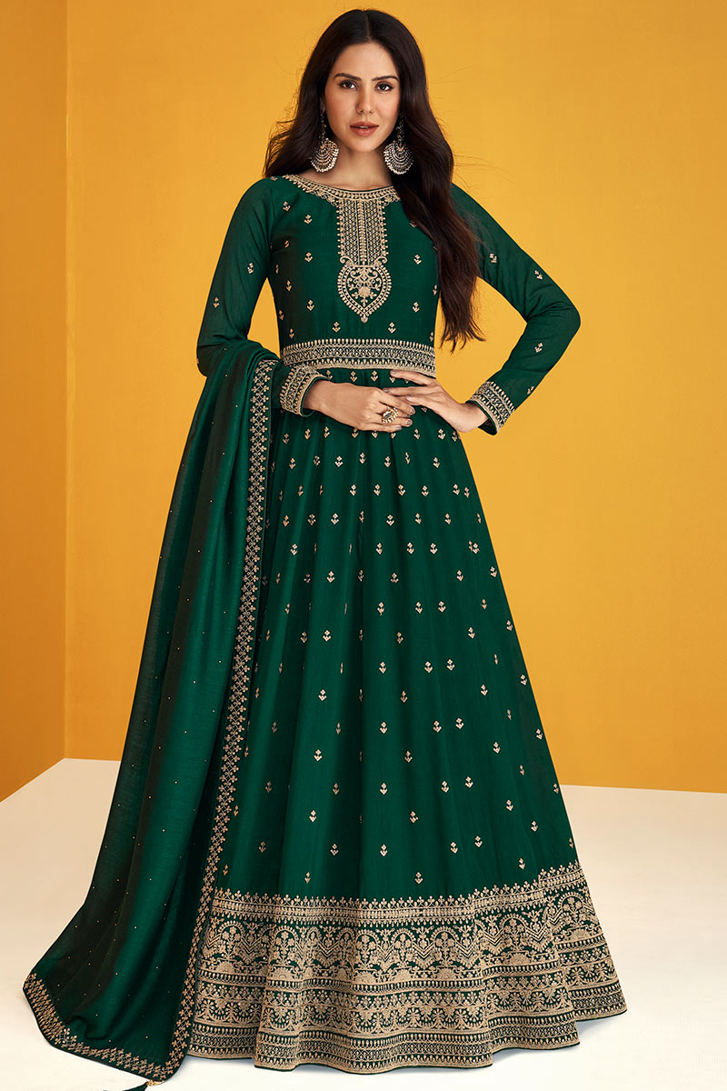 emerald green silk festive tiered anarkali dress Buy Dark Green Jacquard Silk Anarkali Suit With Festive Jacket Overlay main image 1