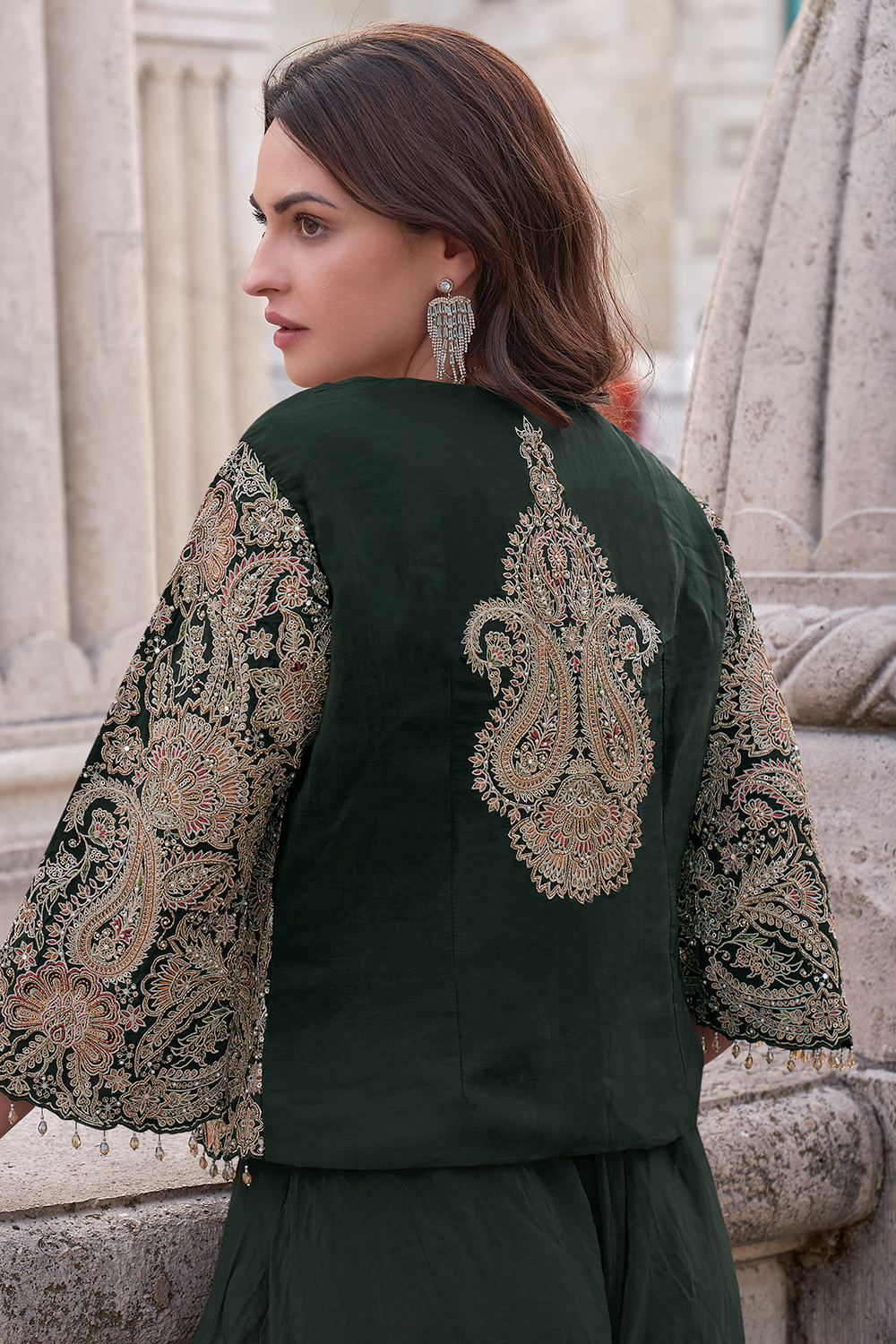 green emerald velvet dress Indo Western Jacket Dress with Drape Skirt for Wedding