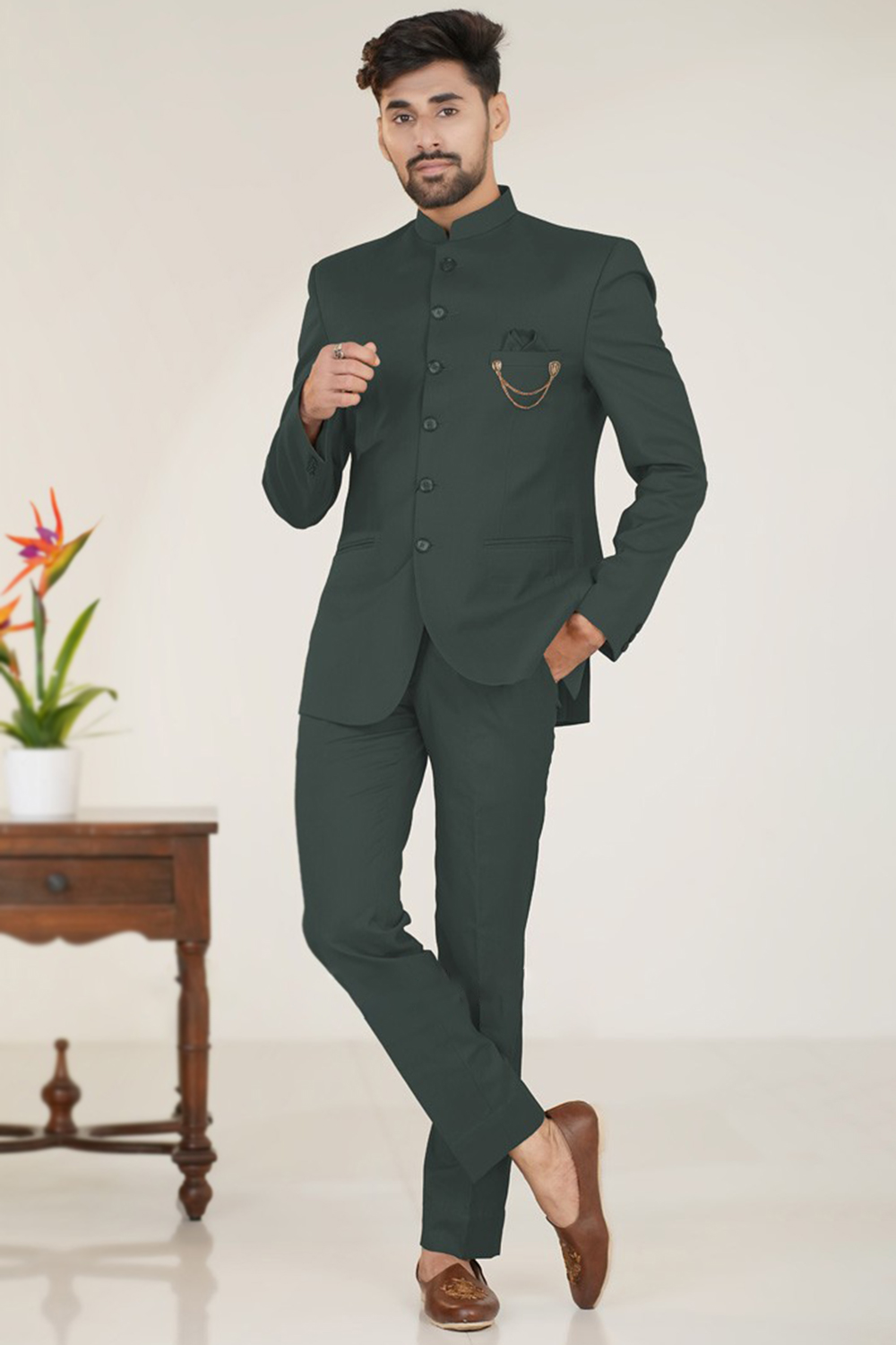 Dark Green Silk Plain Jodhpuri Style Men's Coat Pant MSTV03995