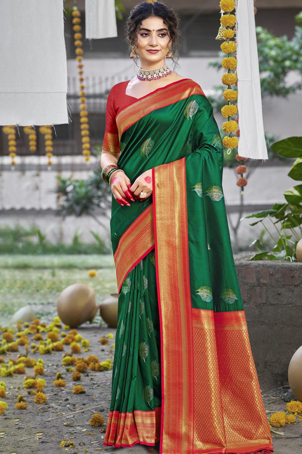 Dark Green Silk Weaved Broad Border Saree 