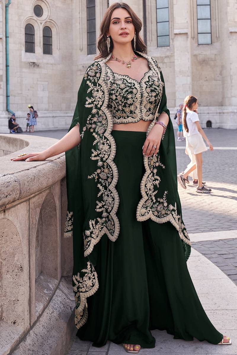 Dark Green Soft Silk Embroidered Indo Western Palazzo Dress LSTV136208