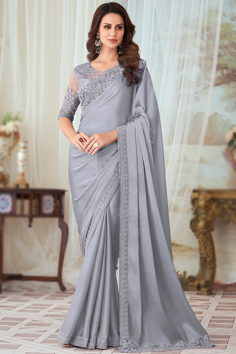 Chiffon Dark Grey Resham Embroidered Party Wear Saree